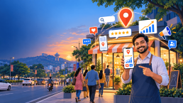 Local shop owner in Ranchi with digital marketing icons showing online reviews and business growth