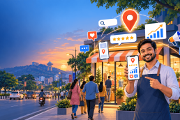 Local shop owner in Ranchi with digital marketing icons showing online reviews and business growth